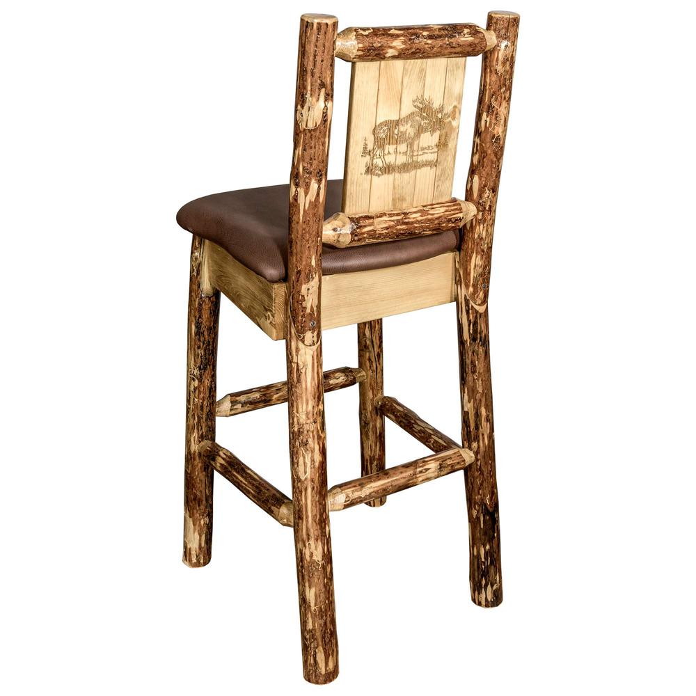Glacier Country Collection Counter Height Barstool w/ Back - Saddle Upholstery, w/ Laser Engraved Moose Design. Picture 1