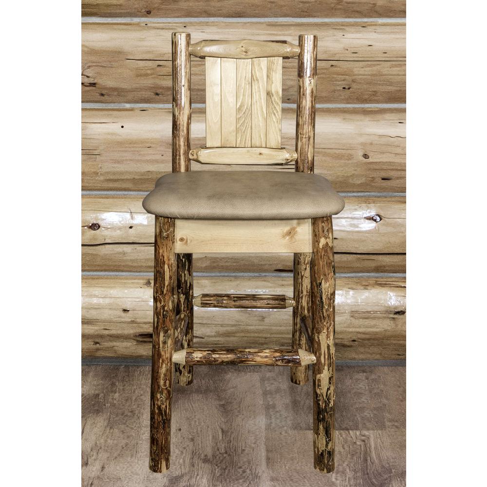 Glacier Country Collection Counter Height Barstool w/ Back - Buckskin Upholstery, w/ Laser Engraved Pine Tree Design. Picture 9