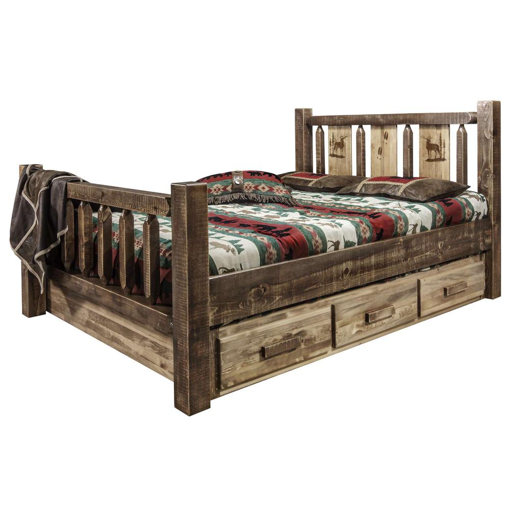 Homestead Collection Full Storage Bed w/ Laser Engraved Elk Design, Stain & Clear Lacquer Finish. Picture 3