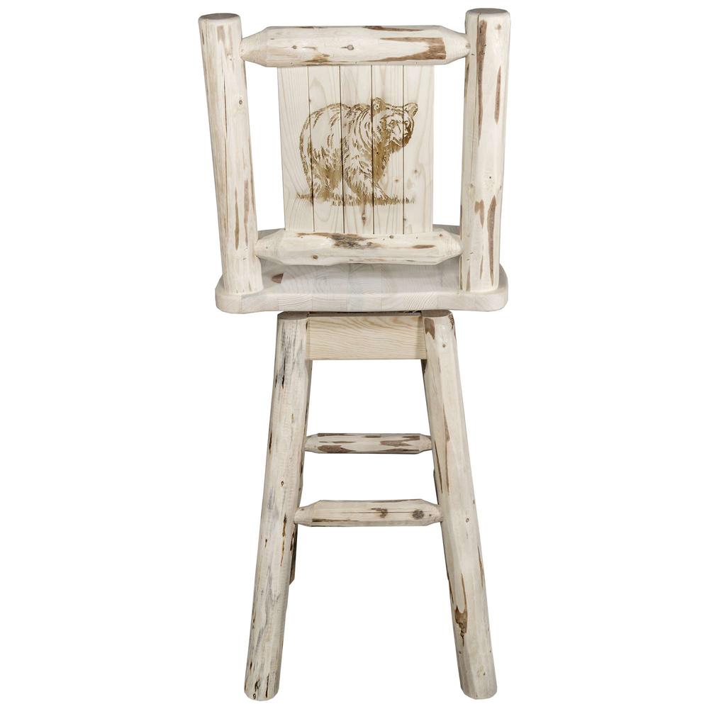 Montana Collection Counter Height Barstool w/ Back & Swivel w/ Laser Engraved Bear Design, Clear Lacquer Finish. Picture 2