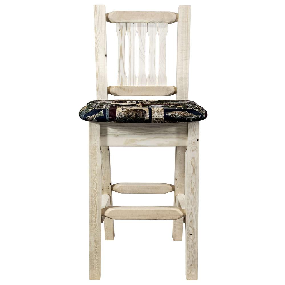 Homestead Collection Barstool w/ Back, Clear Lacquer Finish w/ Upholstered Seat, Woodland Pattern. Picture 2