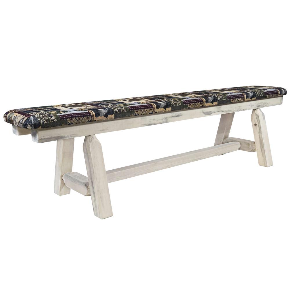 Homestead Collection Plank Style Bench, Clear Lacquer Finish,  6 Foot w/ Woodland Upholstery. Picture 1