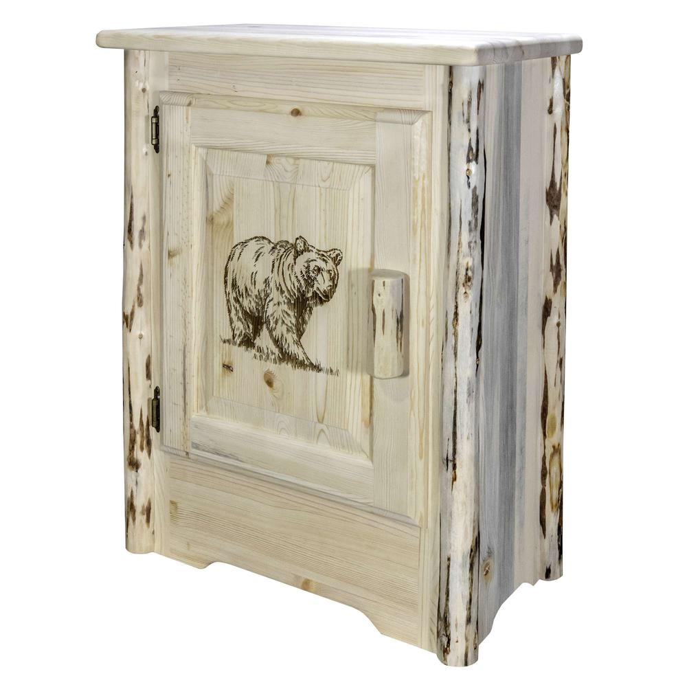 Montana Collection Accent Cabinet w/ Laser Engraved Bear Design, Left Hinged, Clear Lacquer Finish. Picture 3