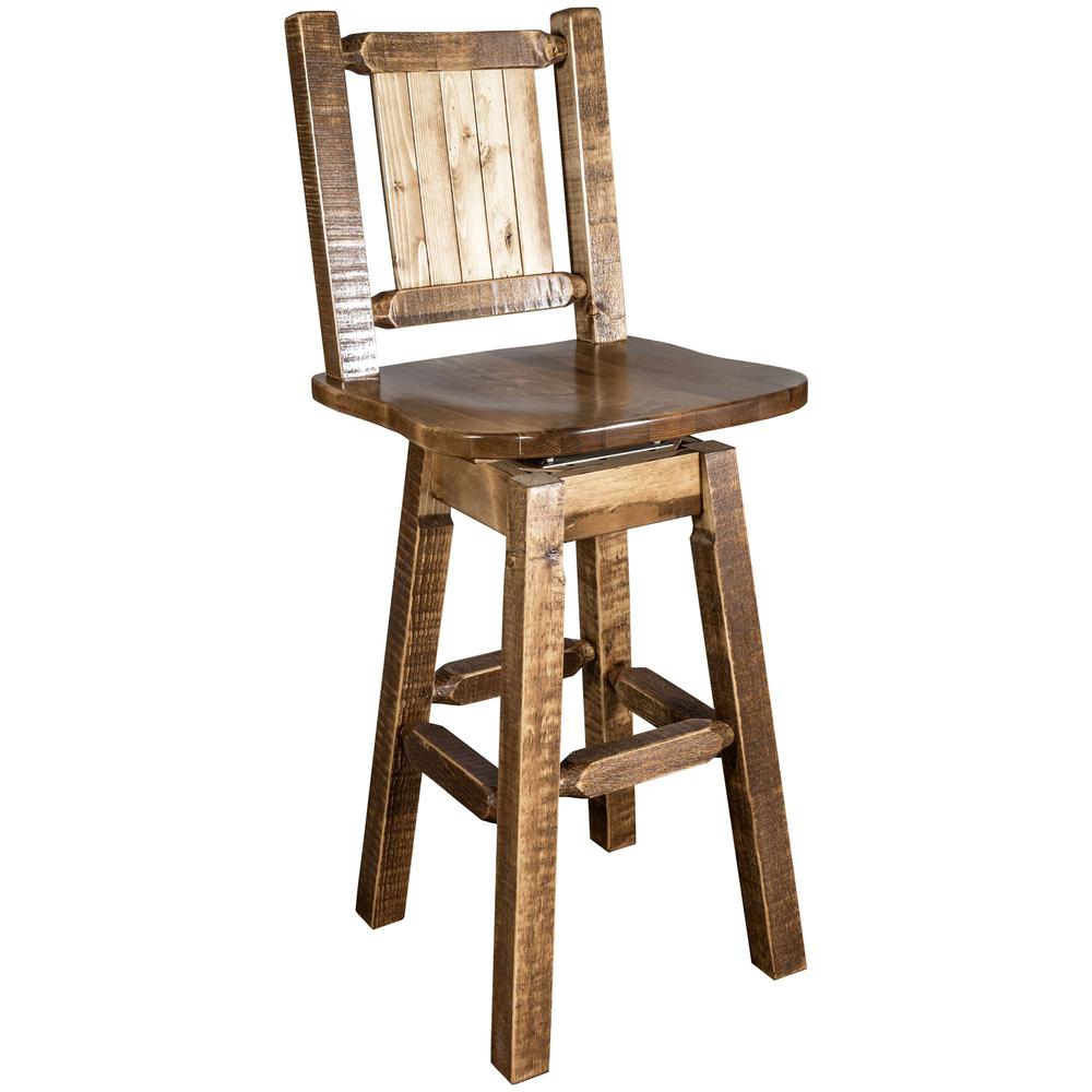 Homestead Collection Counter Height Barstool w/ Back & Swivel w/ Laser Engraved Bronc Design, Stain & Lacquer Finish. Picture 3