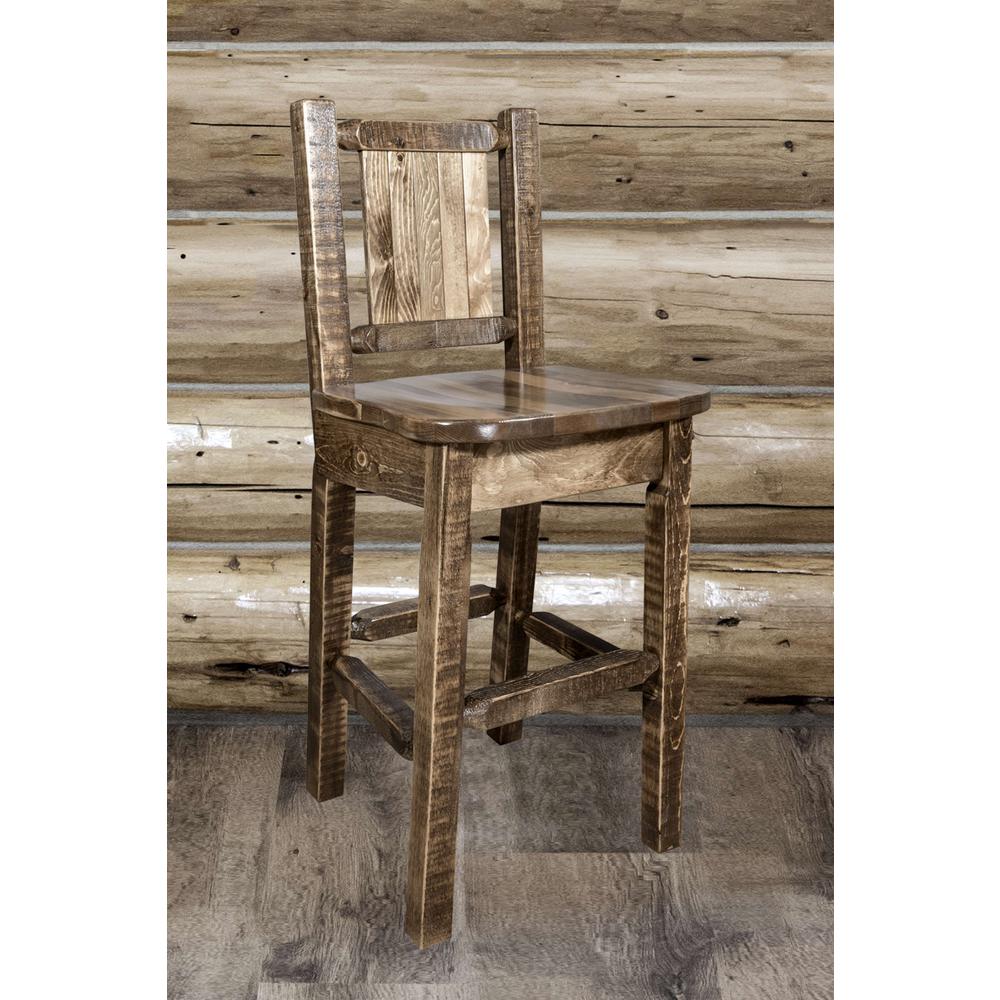 Homestead Collection Counter Height Barstool w/ Back, w/ Laser Engraved Bronc Design, Stain & Lacquer Finish. Picture 8
