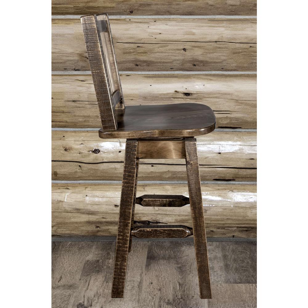 Homestead Collection Counter Height Barstool w/ Back & Swivel w/ Laser Engraved Bronc Design, Stain & Lacquer Finish. Picture 10