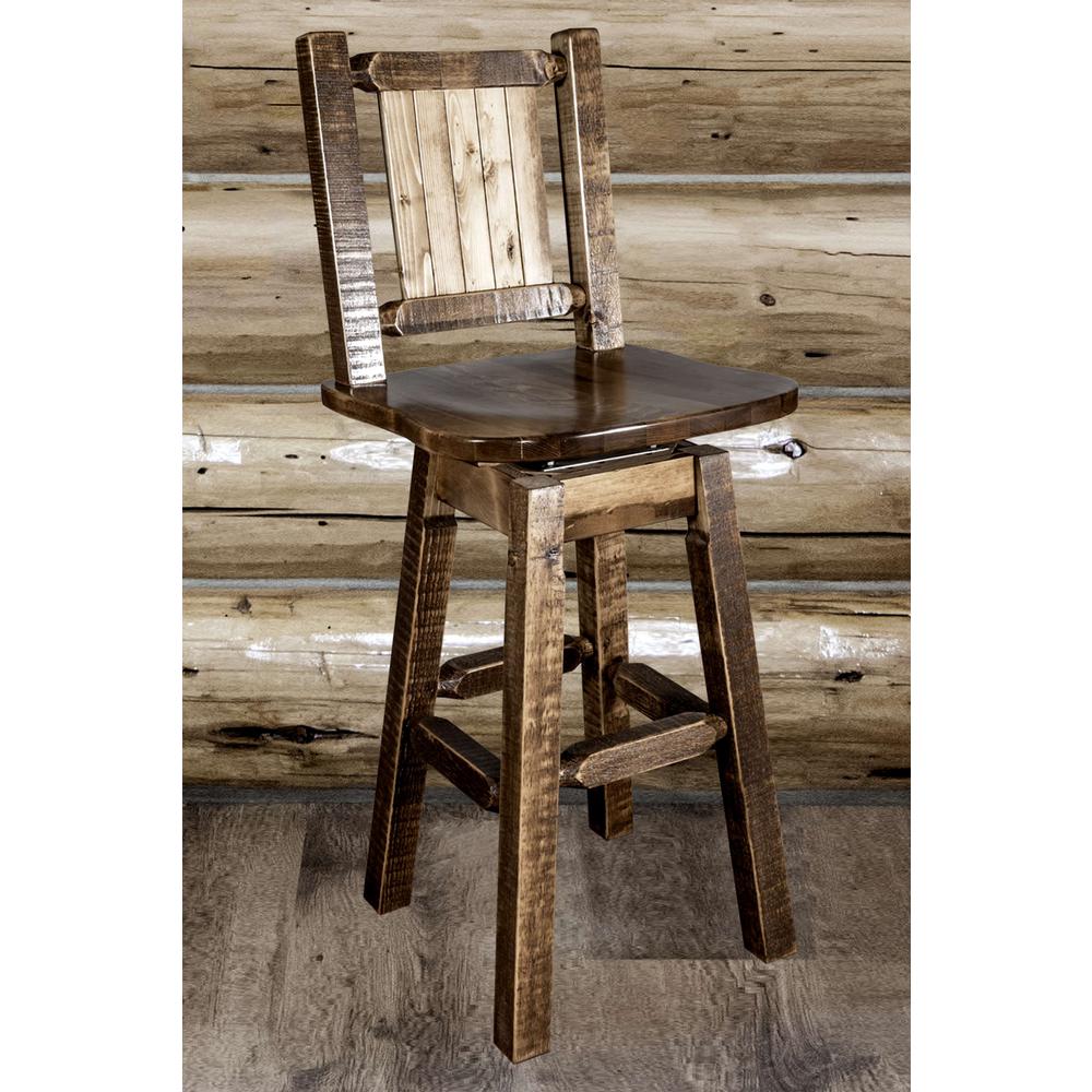 Homestead Collection Counter Height Barstool w/ Back & Swivel w/ Laser Engraved Pine Tree Design, Stain & Lacquer Finish. Picture 8