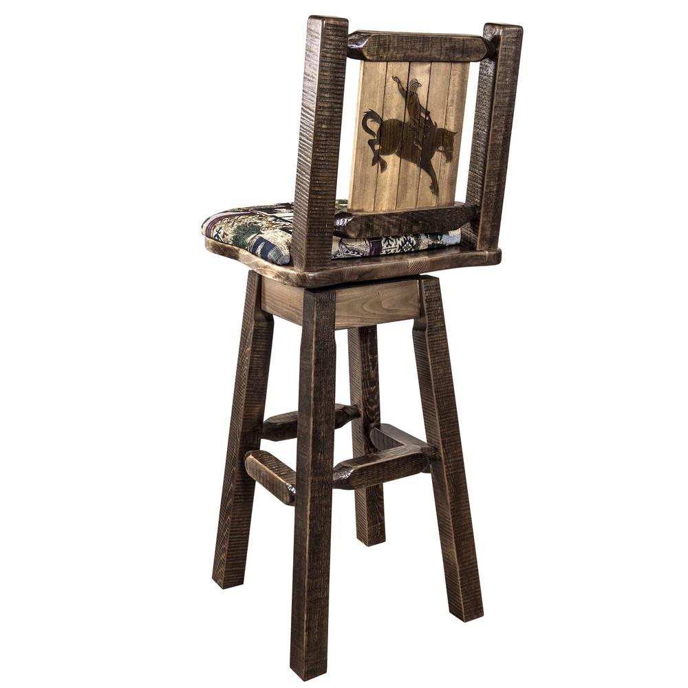 Homestead Collection Counter Height Barstool w/ Back & Swivel, Woodland Upholstery w/ Laser Engraved Bronc Design. Picture 1