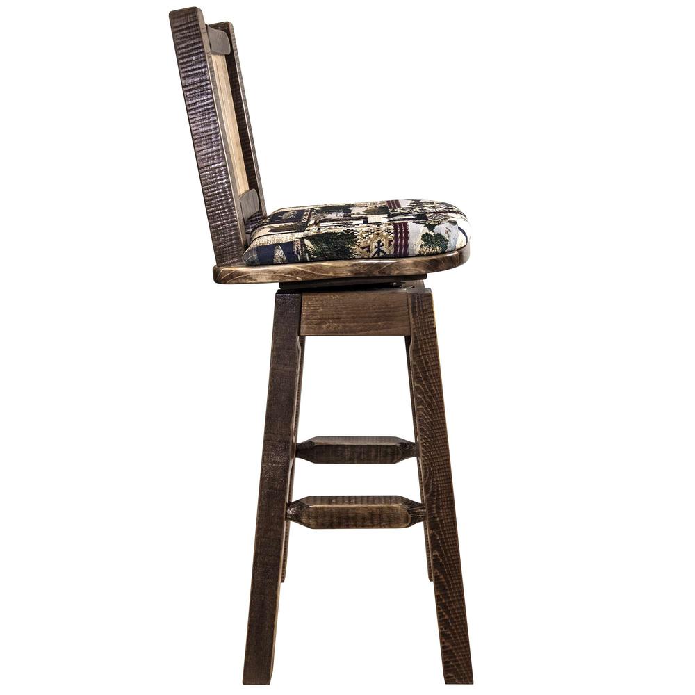 Homestead Collection Counter Height Barstool w/ Back & Swivel, Woodland Upholstery w/ Laser Engraved Pine Tree Design. Picture 5