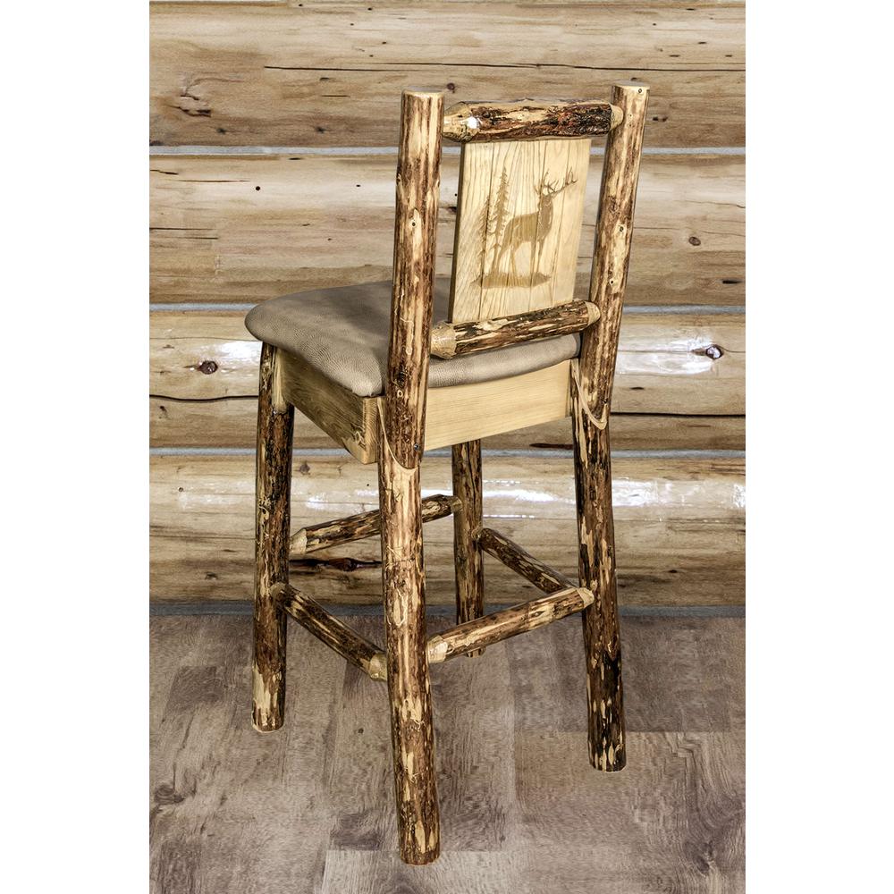 Glacier Country Collection Counter Height Barstool w/ Back - Buckskin Upholstery, w/ Laser Engraved Elk Design. Picture 6