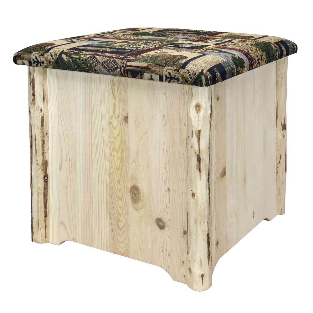 Montana Collection Upholstered Ottoman w/ Storage, Woodland Upholstery, Clear Lacquer Finish. Picture 1