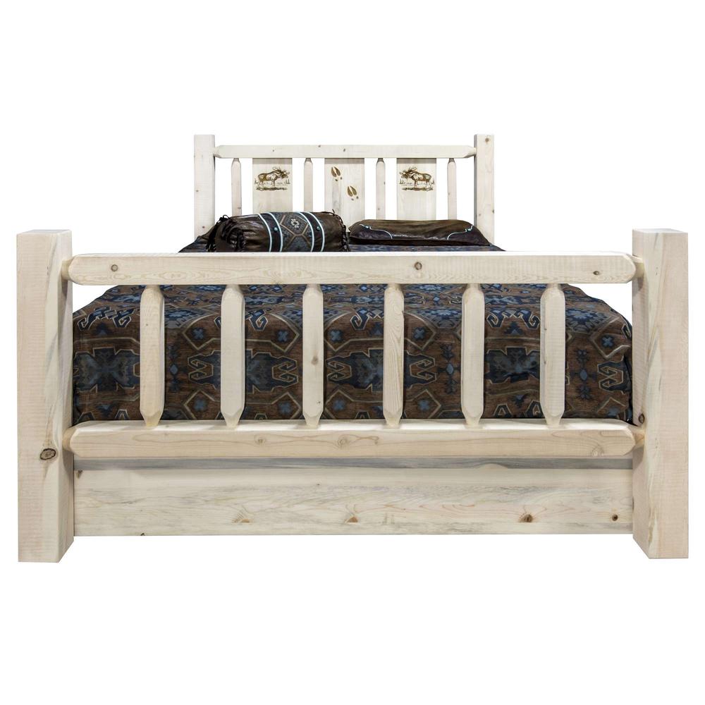 Homestead Collection King Storage Bed w/ Laser Engraved Moose Design, Clear Lacquer Finish. Picture 2