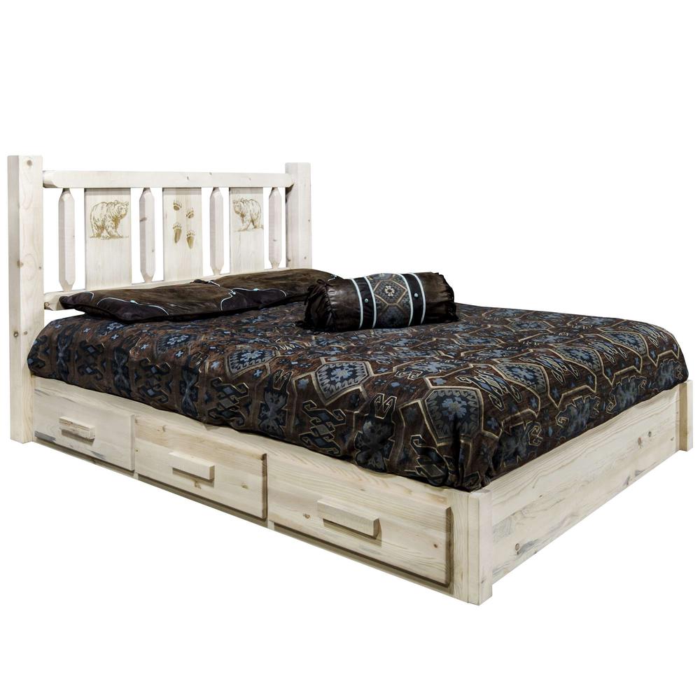 Homestead Collection Platform Bed w/ Storage, Queen w/ Laser Engraved Bear Design, Clear Lacquer Finish. Picture 1