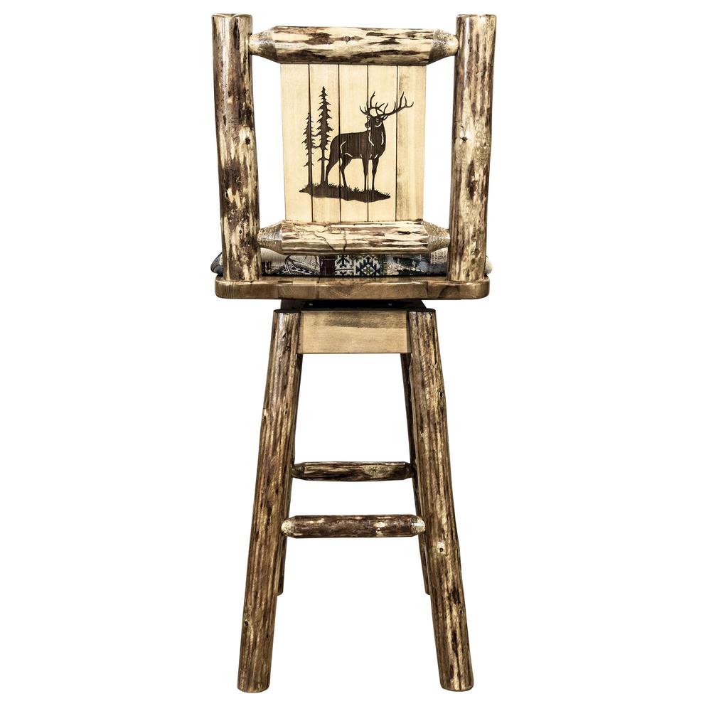 Glacier Country Collection Counter Height Barstool w/ Back & Swivel, Woodland Upholstery w/ Laser Engraved Elk Design. Picture 2