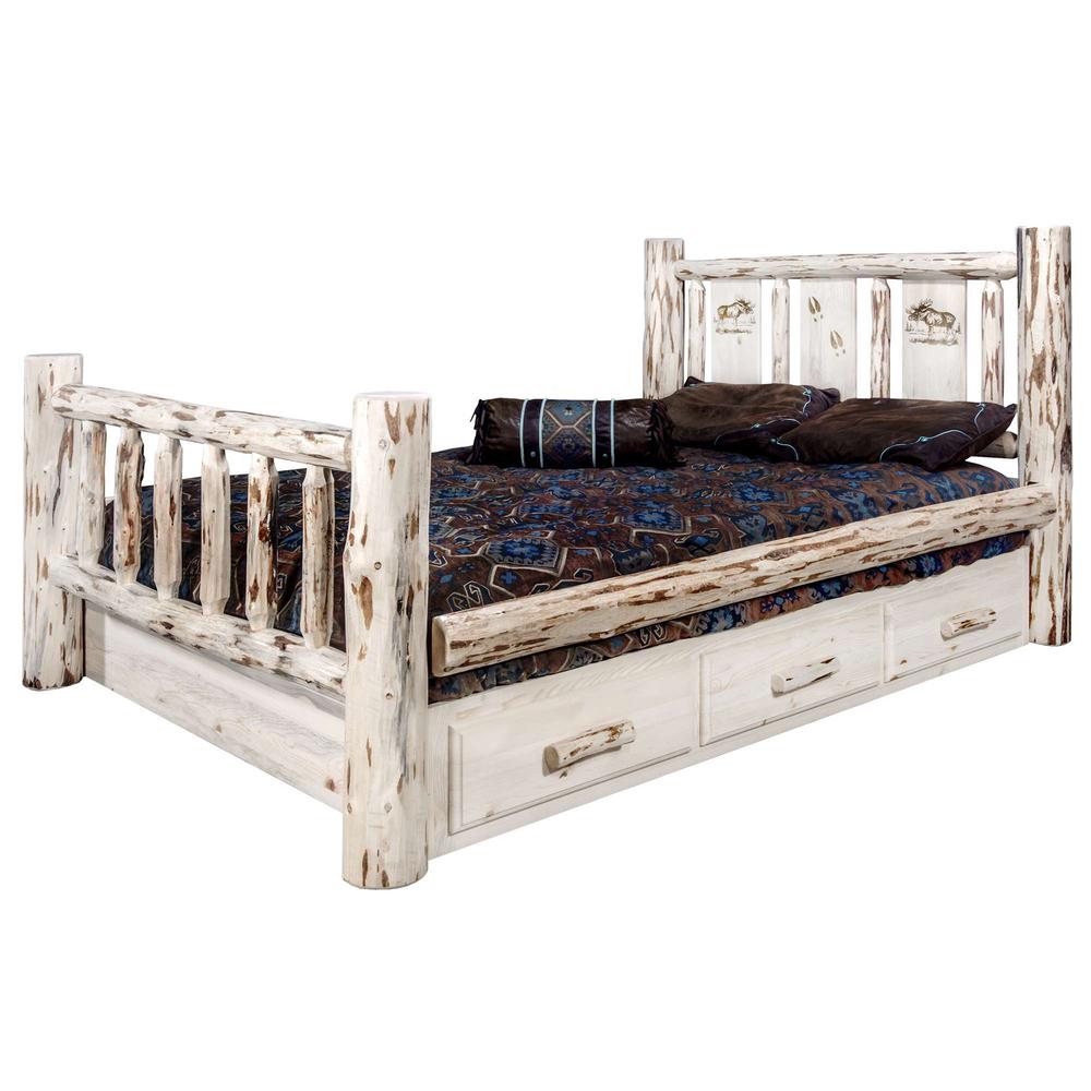 Montana Collection King Storage Bed w/ Laser Engraved Moose Design, Clear Lacquer Finish. Picture 3