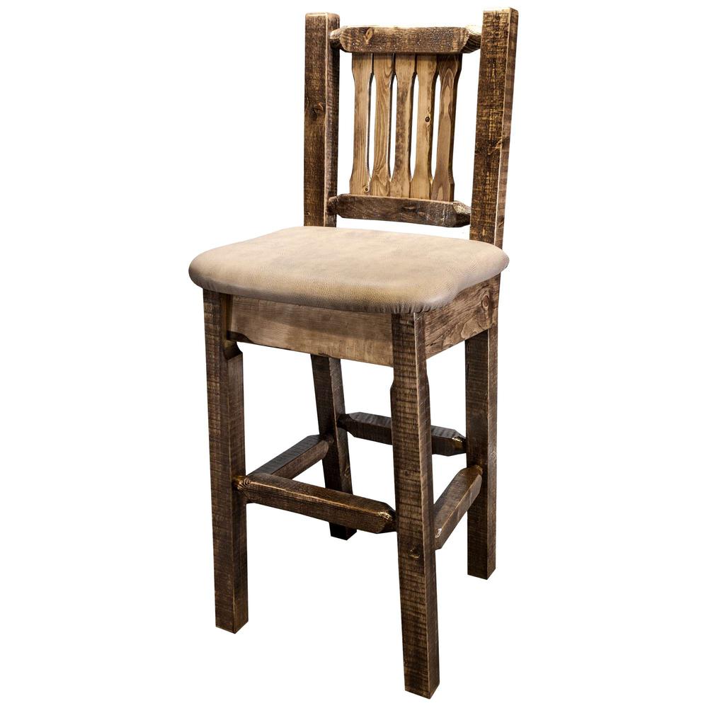 Homestead Collection Counter Height Barstool w/ Back - Buckskin Upholstery, Stain & Lacquer Finish. Picture 2