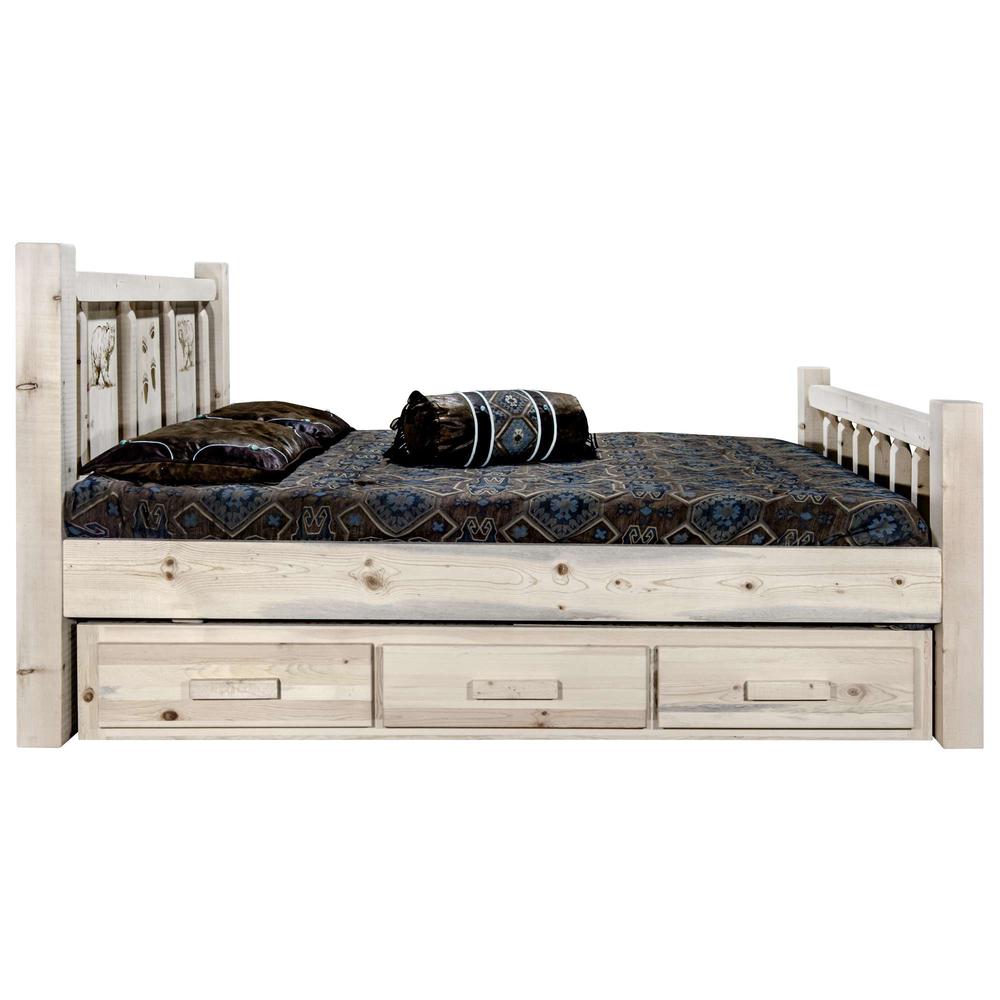 Homestead Collection California King Storage Bed w/ Laser Engraved Bear Design, Clear Lacquer Finish. Picture 4