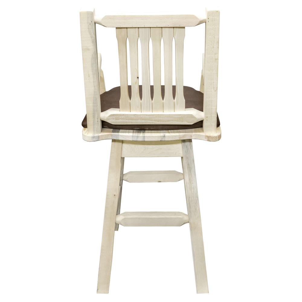 Homestead Collection Captain's Barstool w/ Back & Swivel, Clear Lacquer Finish w/ Upholstered Seat, Saddle Pattern. Picture 5