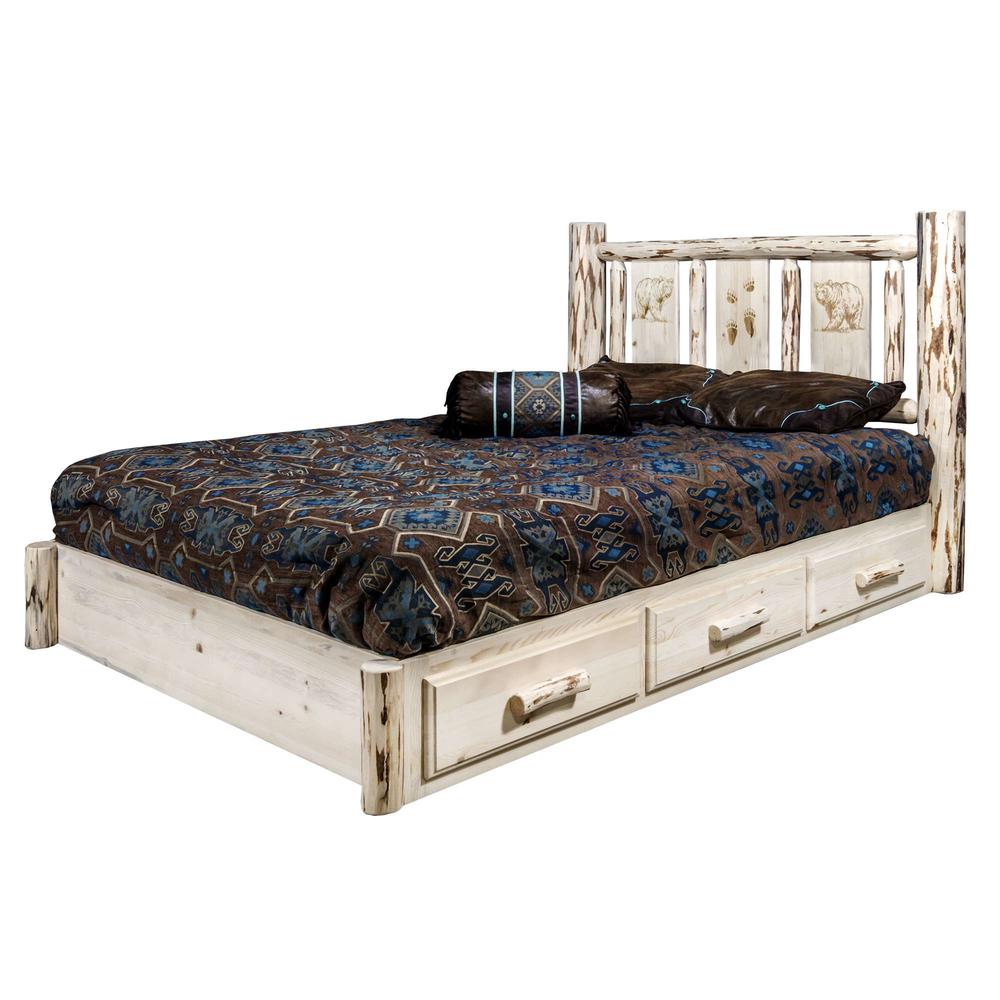 Montana Collection Platform Bed w/ Storage, California King w/ Laser Engraved Bear Design, Clear Lacquer Finish. Picture 3