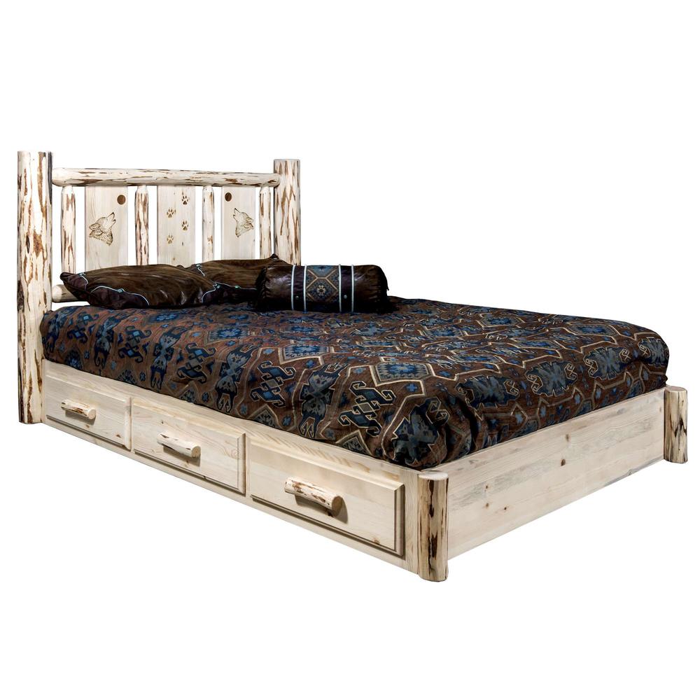 Montana Collection Platform Bed w/ Storage, King w/ Laser Engraved Wolf Design, Clear Lacquer Finish. Picture 1
