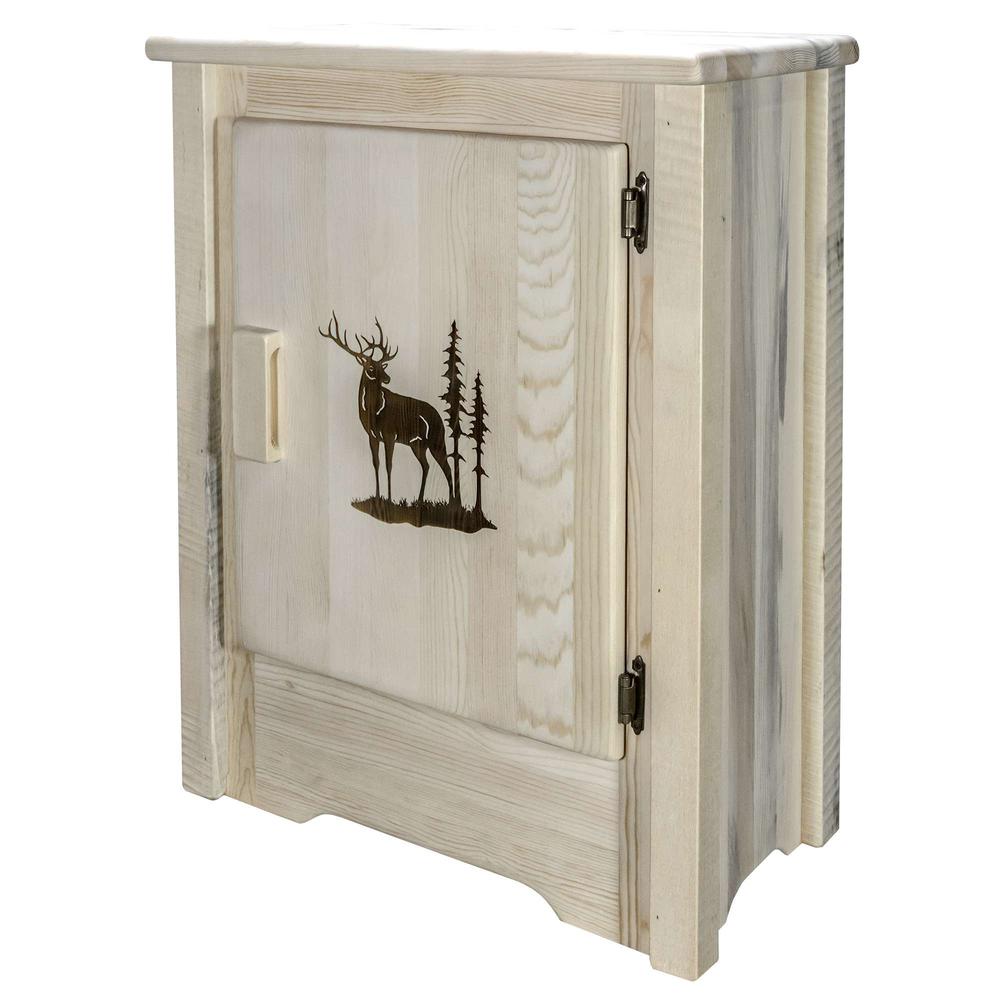 Homestead Collection Accent Cabinet w/ Laser Engraved Elk Design, Right Hinged, Clear Lacquer Finish. Picture 1