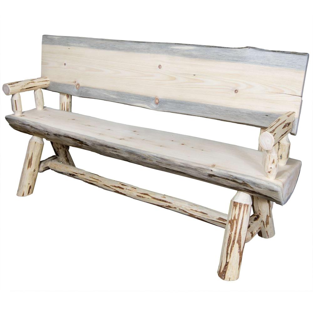 Montana Collection Half Log Bench w/ Back & Arms, Clear Lacquer Finish, 5 Foot. Picture 5