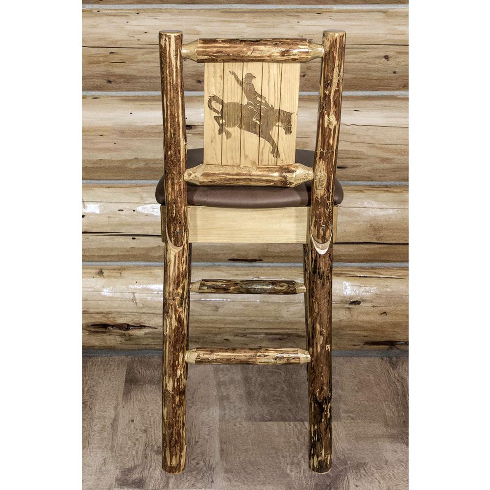 Glacier Country Collection Counter Height Barstool w/ Back - Saddle Upholstery, w/ Laser Engraved Bronc Design. Picture 7