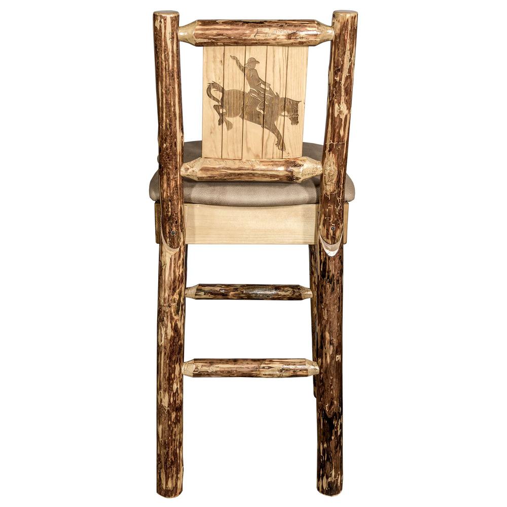 Glacier Country Collection Counter Height Barstool w/ Back - Buckskin Upholstery, w/ Laser Engraved Bronc Design. Picture 2
