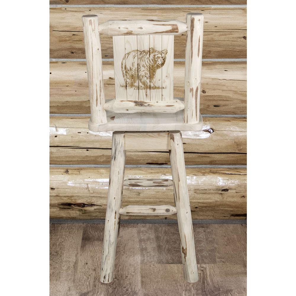 Montana Collection Counter Height Barstool w/ Back & Swivel w/ Laser Engraved Bear Design, Clear Lacquer Finish. Picture 6