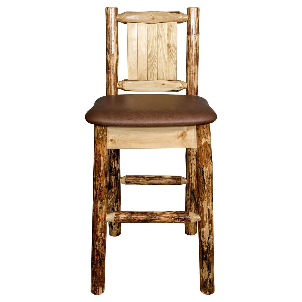Glacier Country Collection Counter Height Barstool w/ Back - Saddle Upholstery, w/ Laser Engraved Pine Tree Design. Picture 4