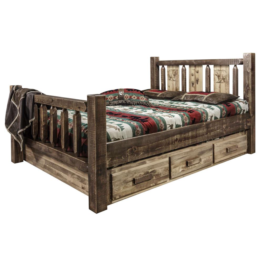 Homestead Collection Full Storage Bed w/ Laser Engraved Bear Design, Stain & Clear Lacquer Finish. Picture 3