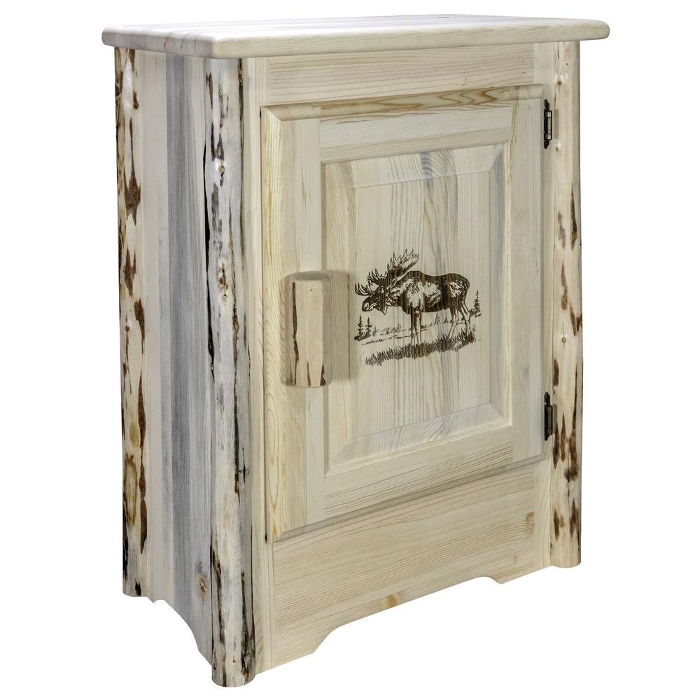 Montana Collection Accent Cabinet w/ Laser Engraved Moose Design, Right Hinged, Clear Lacquer Finish. Picture 3