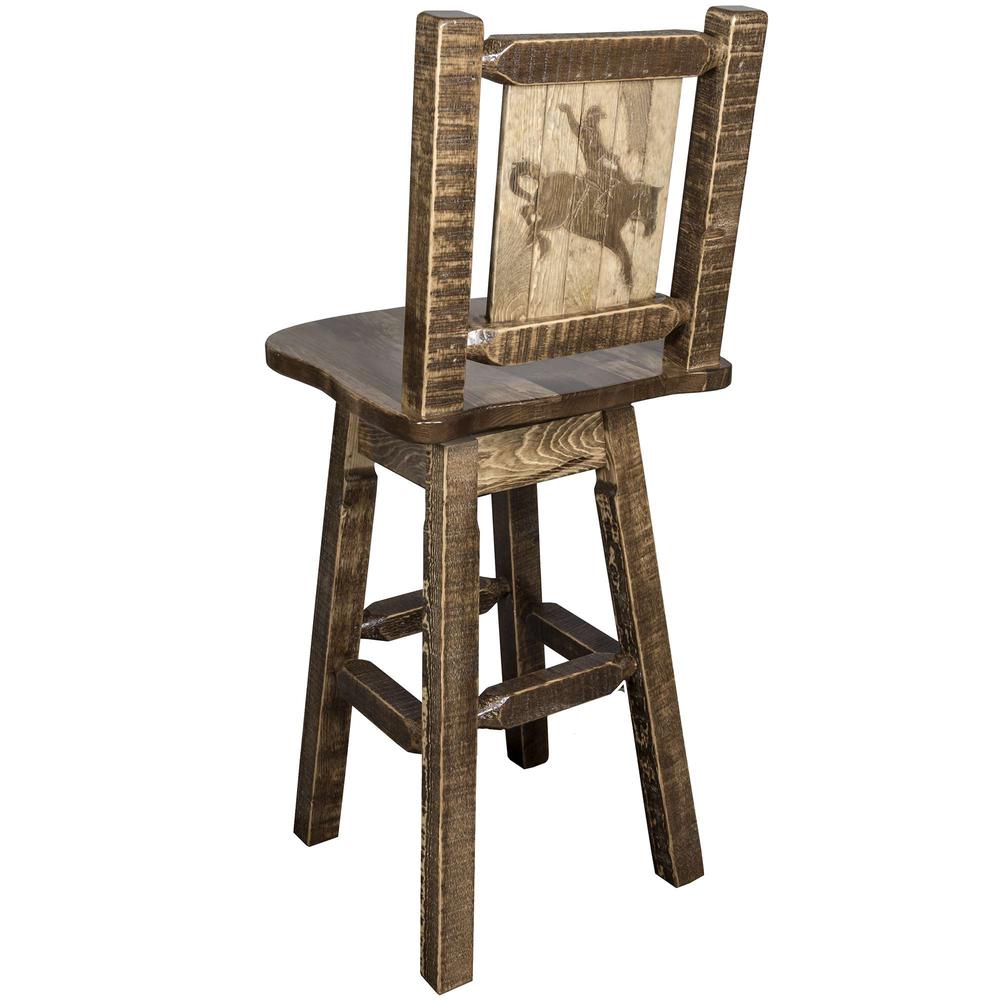 Homestead Collection Counter Height Barstool w/ Back & Swivel w/ Laser Engraved Bronc Design, Stain & Lacquer Finish. Picture 1