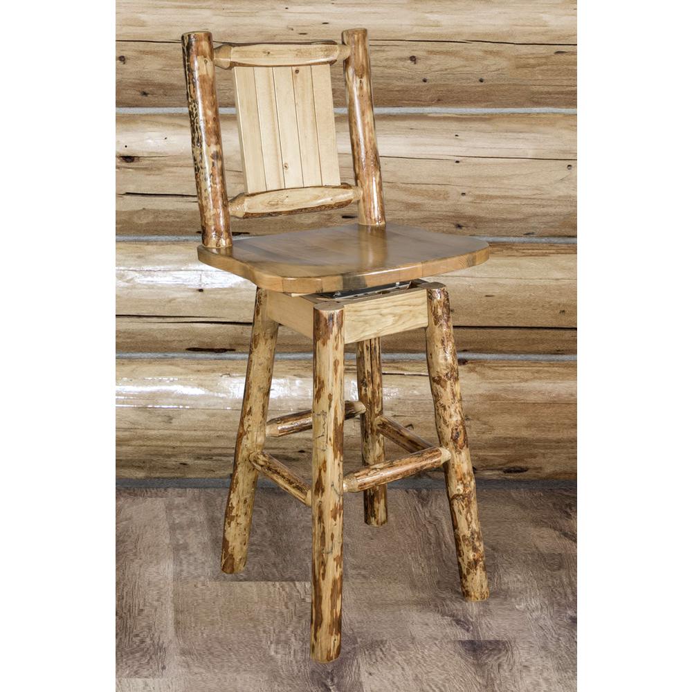 Glacier Country Collection Counter Height Barstool w/ Back & Swivel w/ Laser Engraved Pine Tree Design. Picture 8
