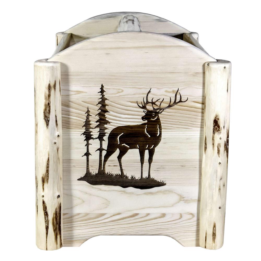 Montana Collection Magazine Rack w/ Laser Engraved Elk Design, Clear Lacquer Finish. Picture 2