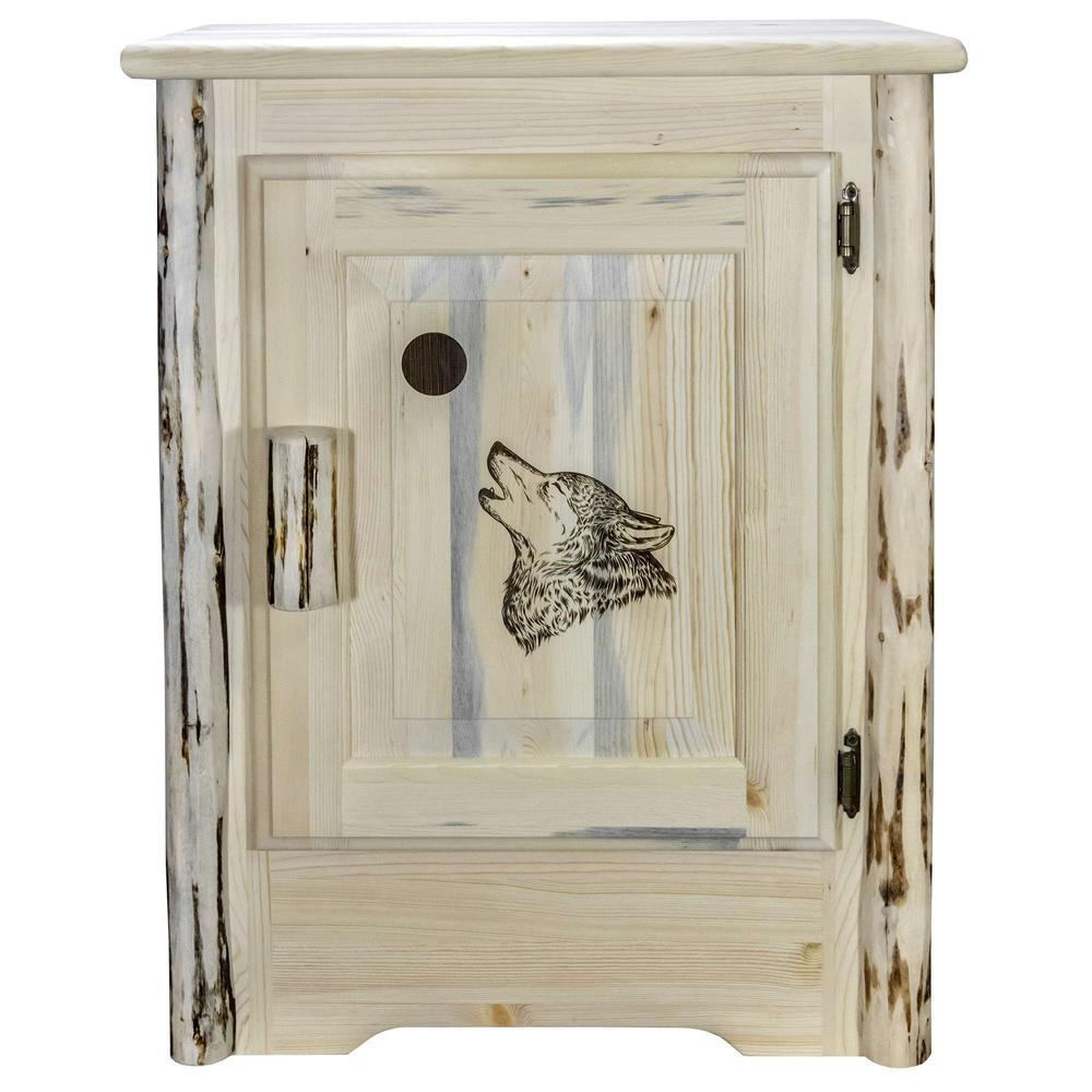 Montana Collection Accent Cabinet w/ Laser Engraved Wolf Design, Right Hinged, Clear Lacquer Finish. Picture 2