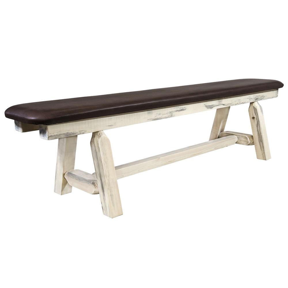 Homestead Collection Plank Style Bench, Clear Lacquer Finish,  6 Foot w/ Saddle Upholstery. Picture 1