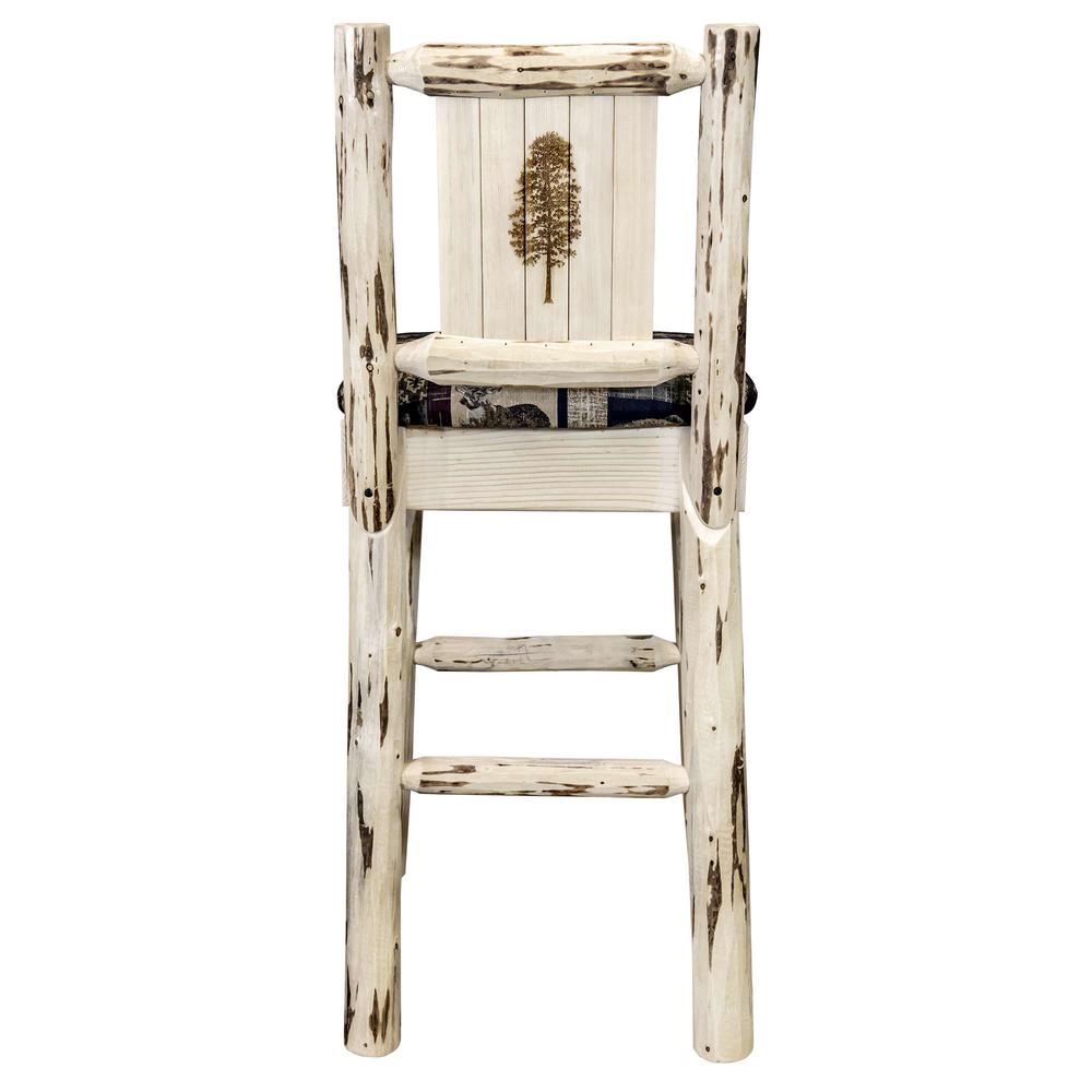 Montana Collection Barstool w/ Back - Woodland Upholstery, w/ Laser Engraved Pine Tree Design, Clear Lacquer Finish. Picture 2