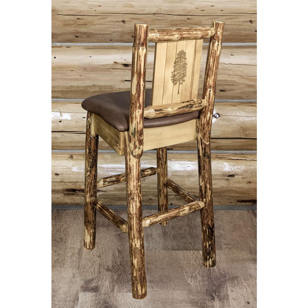 Glacier Country Collection Counter Height Barstool w/ Back - Saddle Upholstery, w/ Laser Engraved Pine Tree Design. Picture 6
