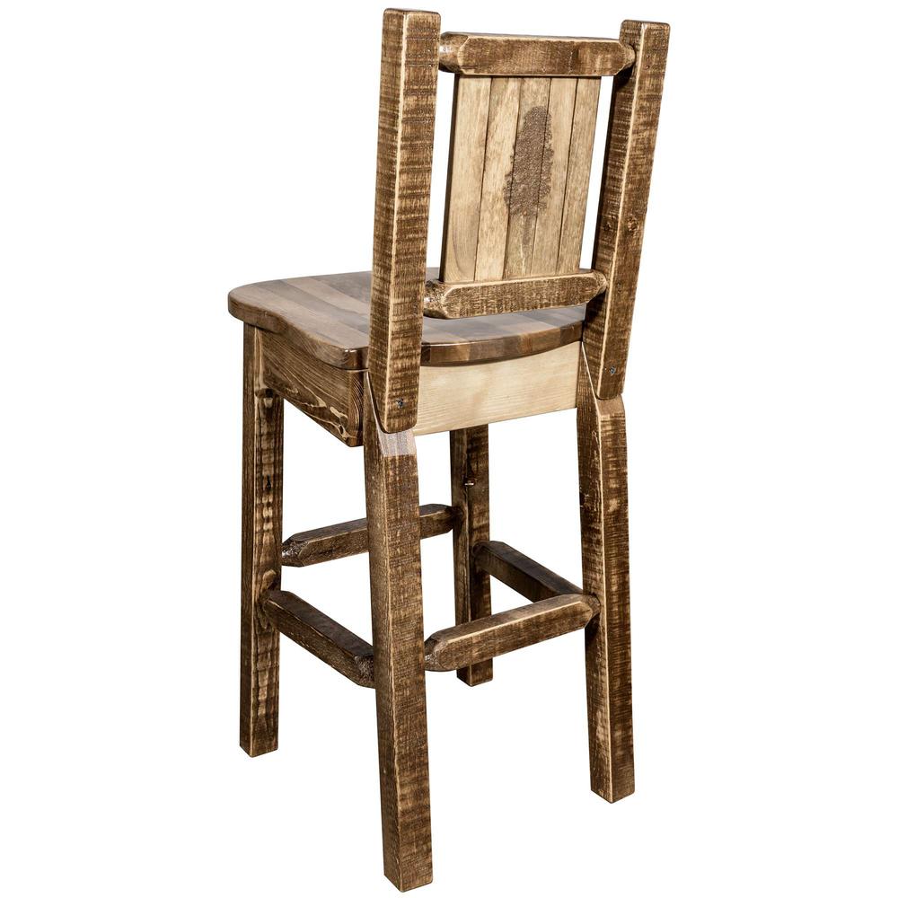 Homestead Collection Counter Height Barstool w/ Back, w/ Laser Engraved Pine Tree Design, Stain & Lacquer Finish. Picture 1