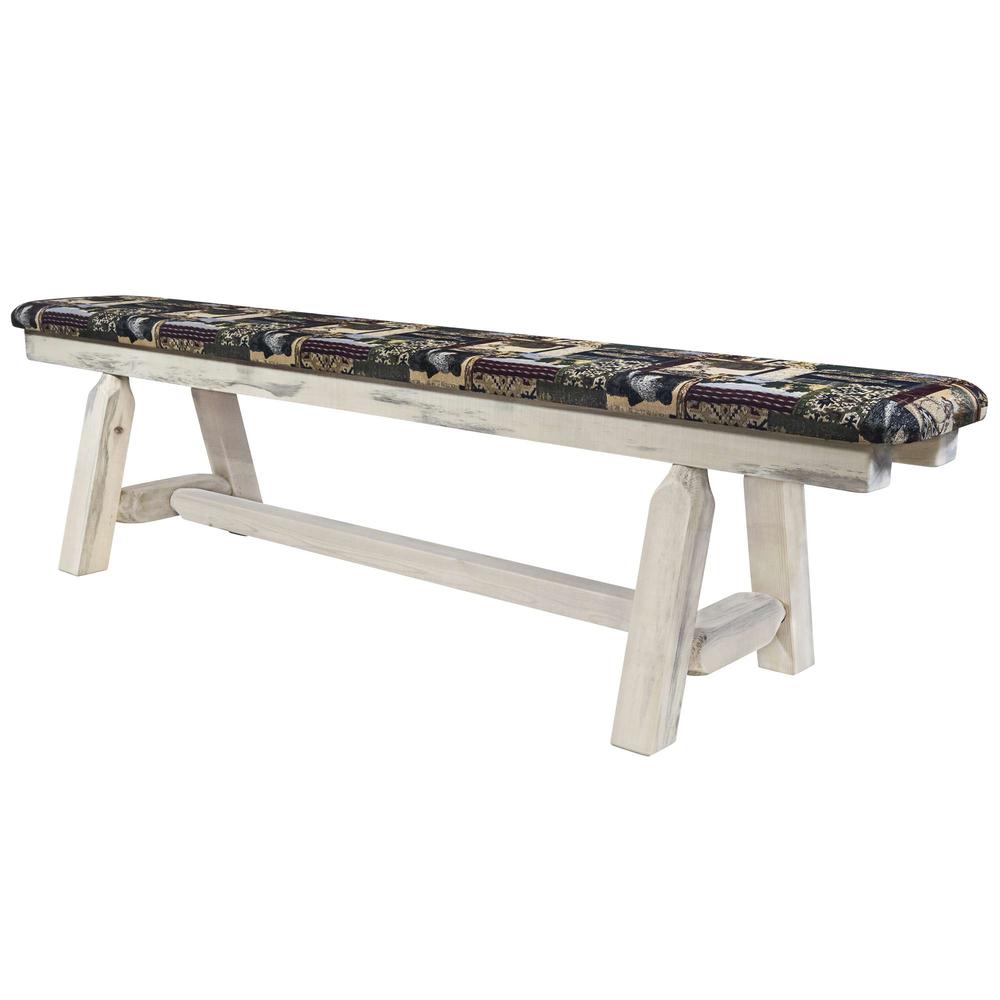 Homestead Collection Plank Style Bench, Clear Lacquer Finish,  6 Foot w/ Woodland Upholstery. Picture 3