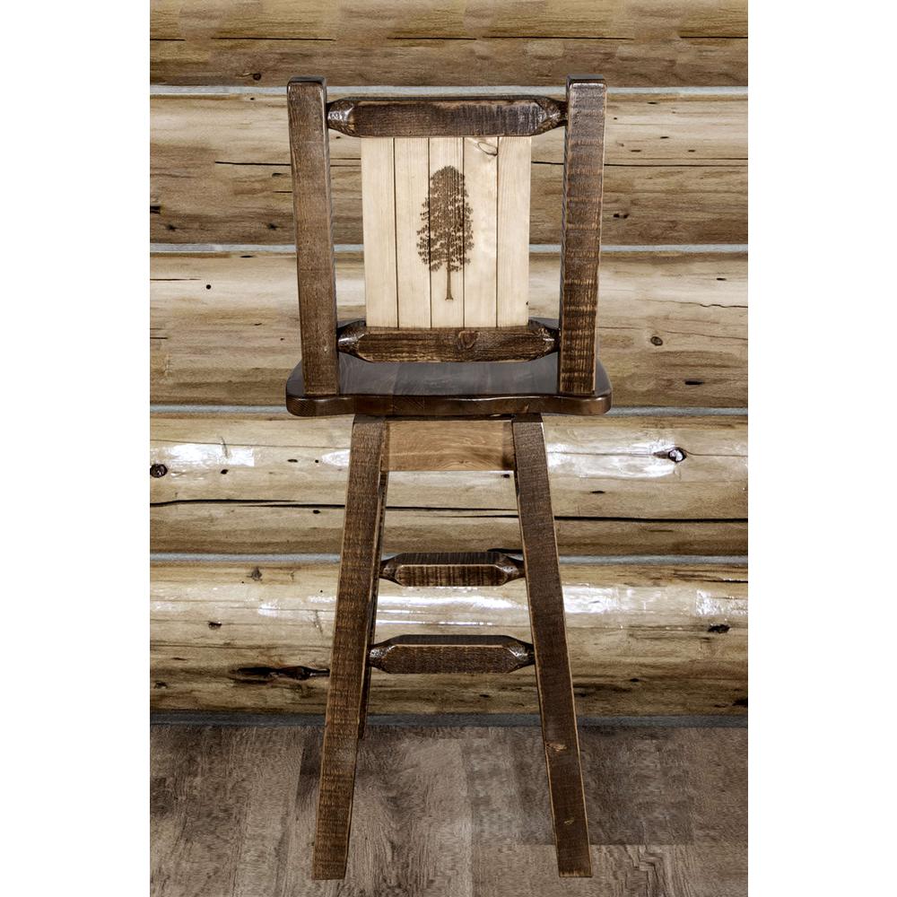 Homestead Collection Counter Height Barstool w/ Back & Swivel w/ Laser Engraved Pine Tree Design, Stain & Lacquer Finish. Picture 7