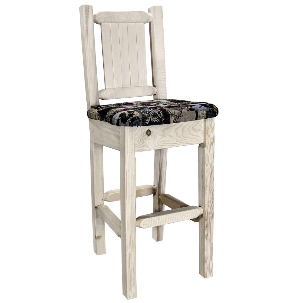 Homestead Collection Barstool w/ Back - Woodland Upholstery, w/ Laser Engraved Bear Design, Clear Lacquer Finish. Picture 3