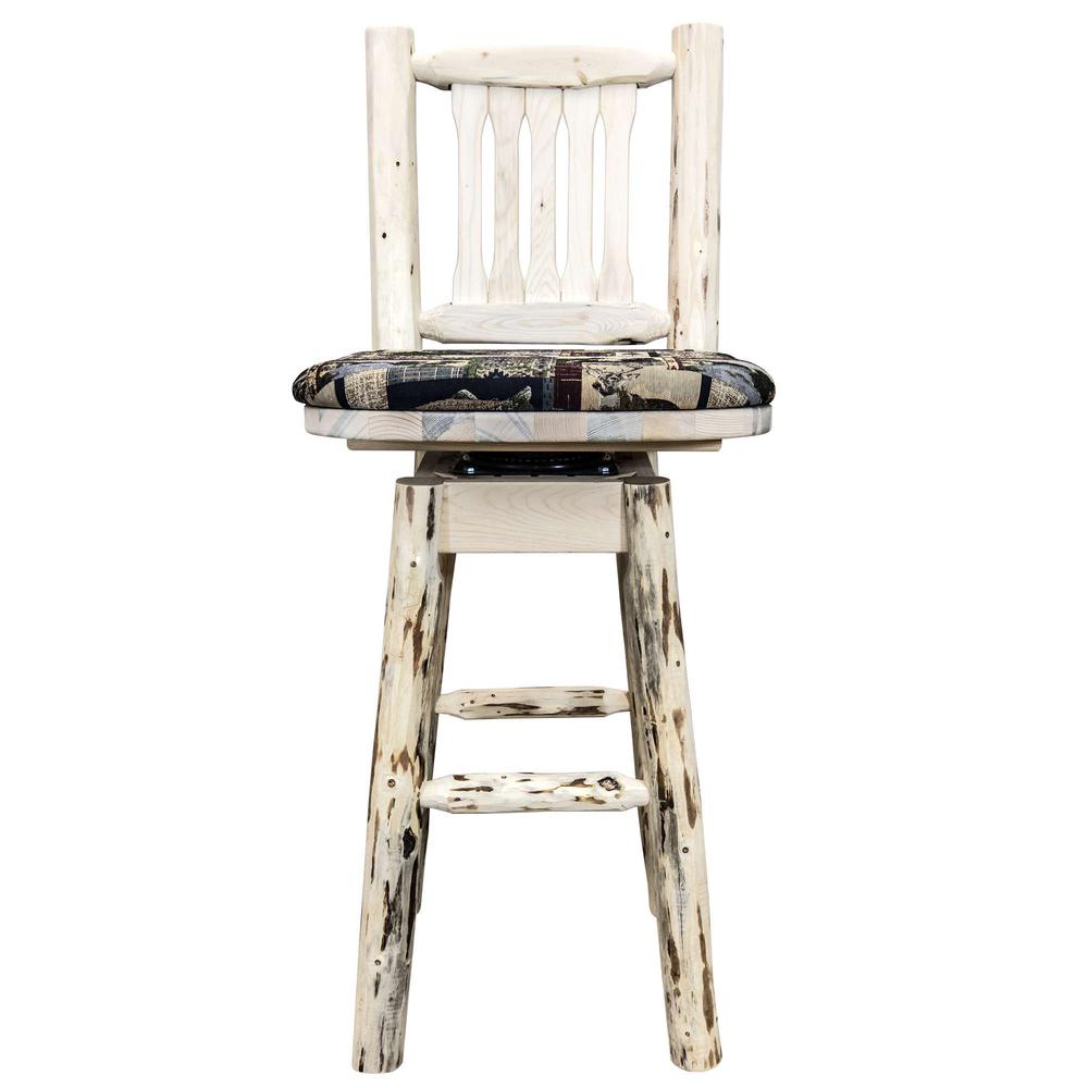 Montana Collection Barstool w/ Back & Swivel, Clear Lacquer Finish w/ Upholstered Seat, Woodland Pattern. Picture 2