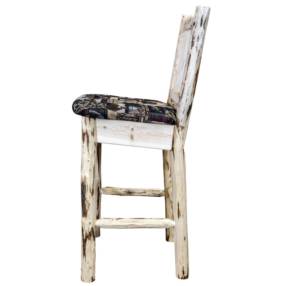 Montana Collection Barstool w/ Back, Clear Lacquer Finish w/ Upholstered Seat, Woodland Pattern. Picture 3