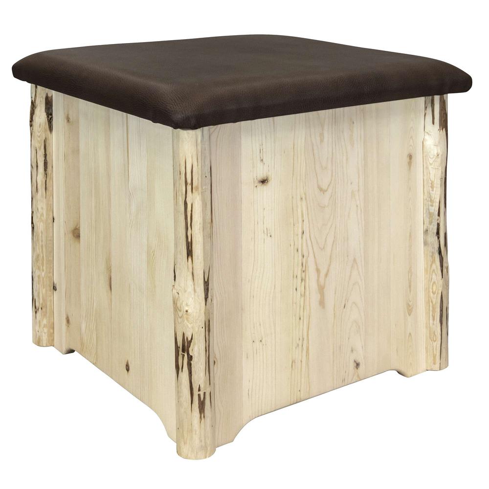 Montana Collection Upholstered Ottoman w/ Storage, Saddle Upholstery, Clear Lacquer Finish. Picture 1