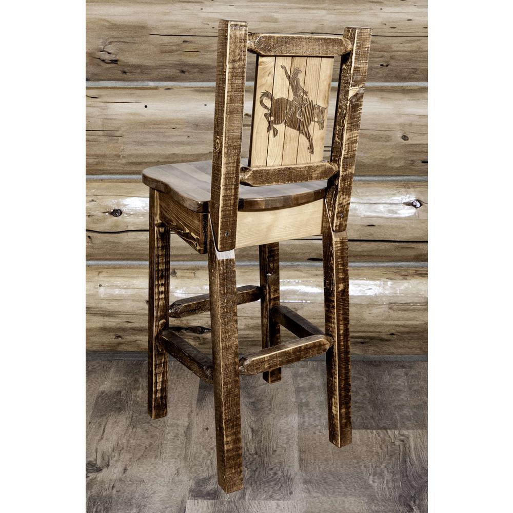 Homestead Collection Counter Height Barstool w/ Back, w/ Laser Engraved Bronc Design, Stain & Lacquer Finish. Picture 6