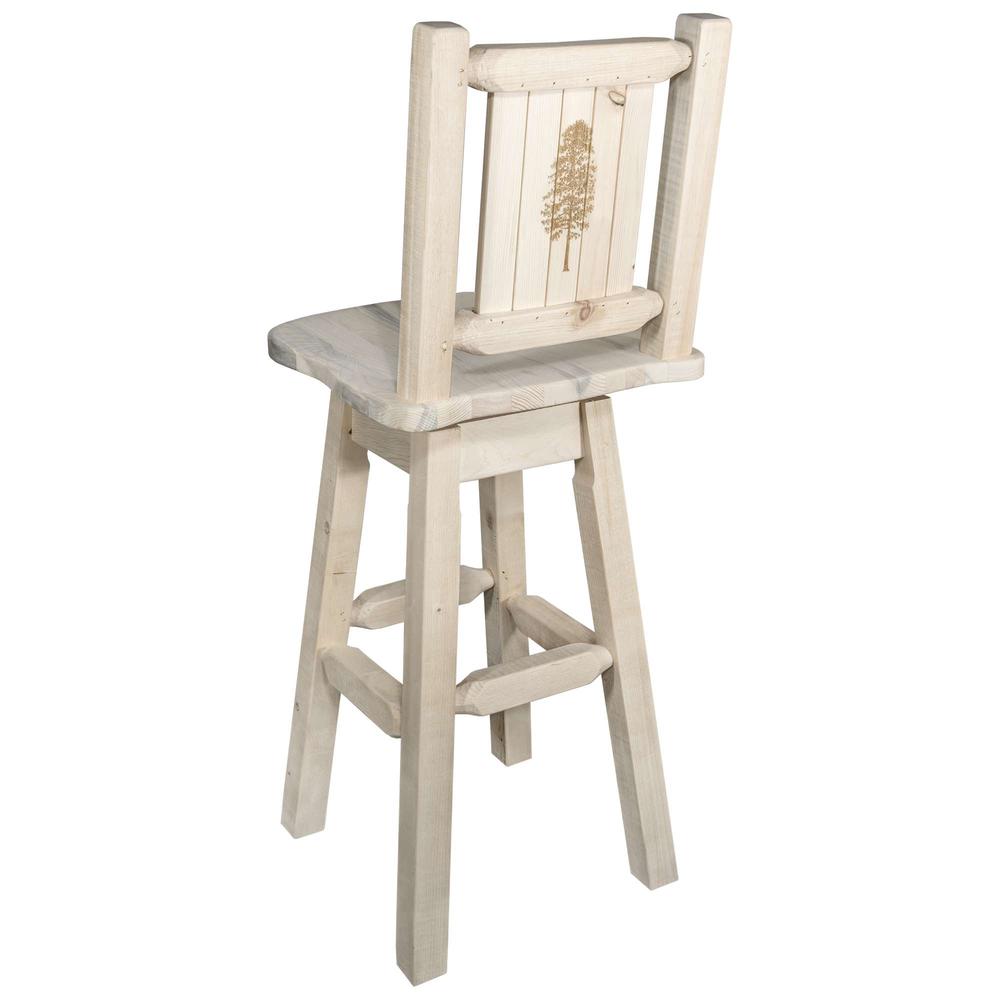 Homestead Collection Counter Height Barstool w/ Back & Swivel w/ Laser Engraved Pine Tree Design, Clear Lacquer Finish. Picture 1