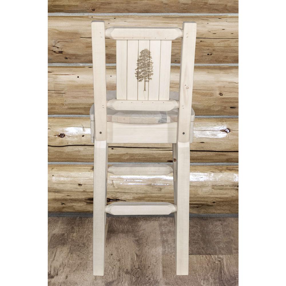 Homestead Collection Counter Height Barstool w/ Back, w/ Laser Engraved Pine Tree Design, Clear Lacquer Finish. Picture 7
