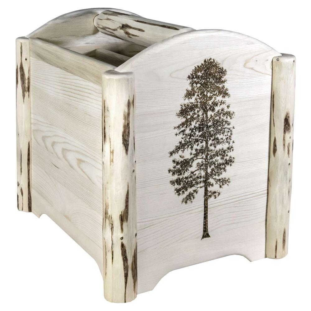 Montana Collection Magazine Rack w/ Laser Engraved Pine Design, Clear Lacquer Finish. Picture 1